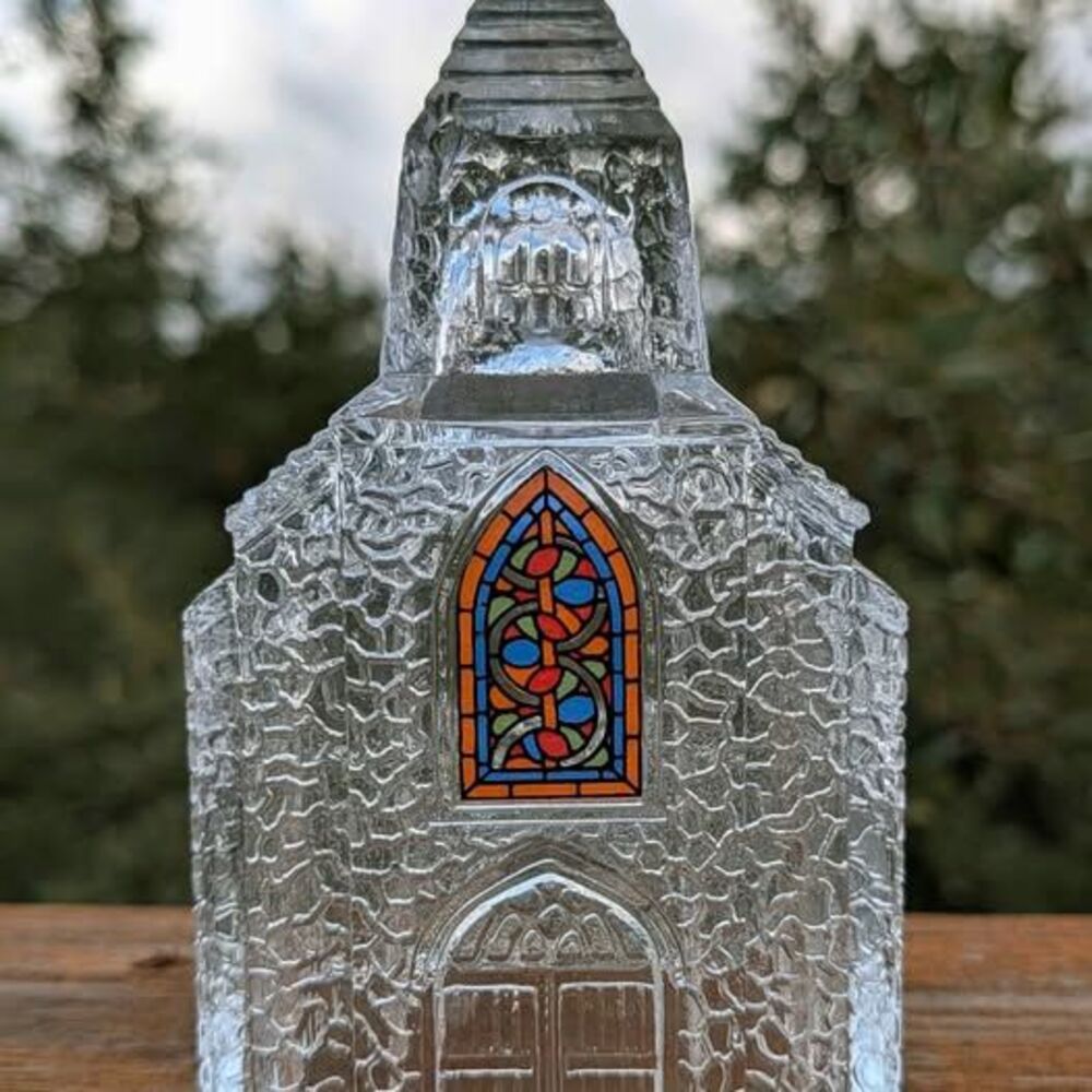 Vintage Avon Silent Night Pressed Clear Glass Church Stained Window 1992 6" coll